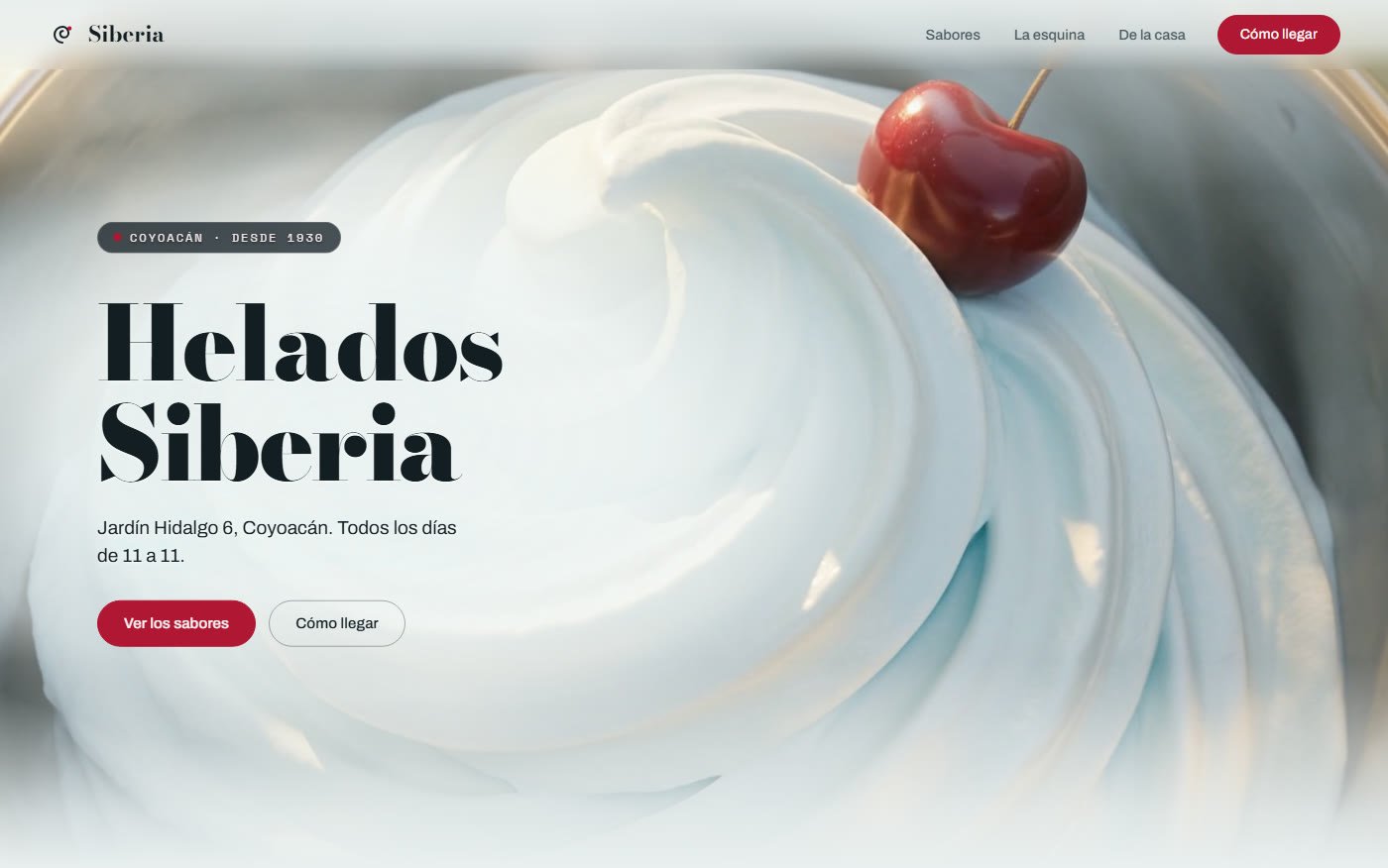 Portada del sitio de Helados Siberia, con una bola de helado y una cereza encima y el titulo Helados Siberia.